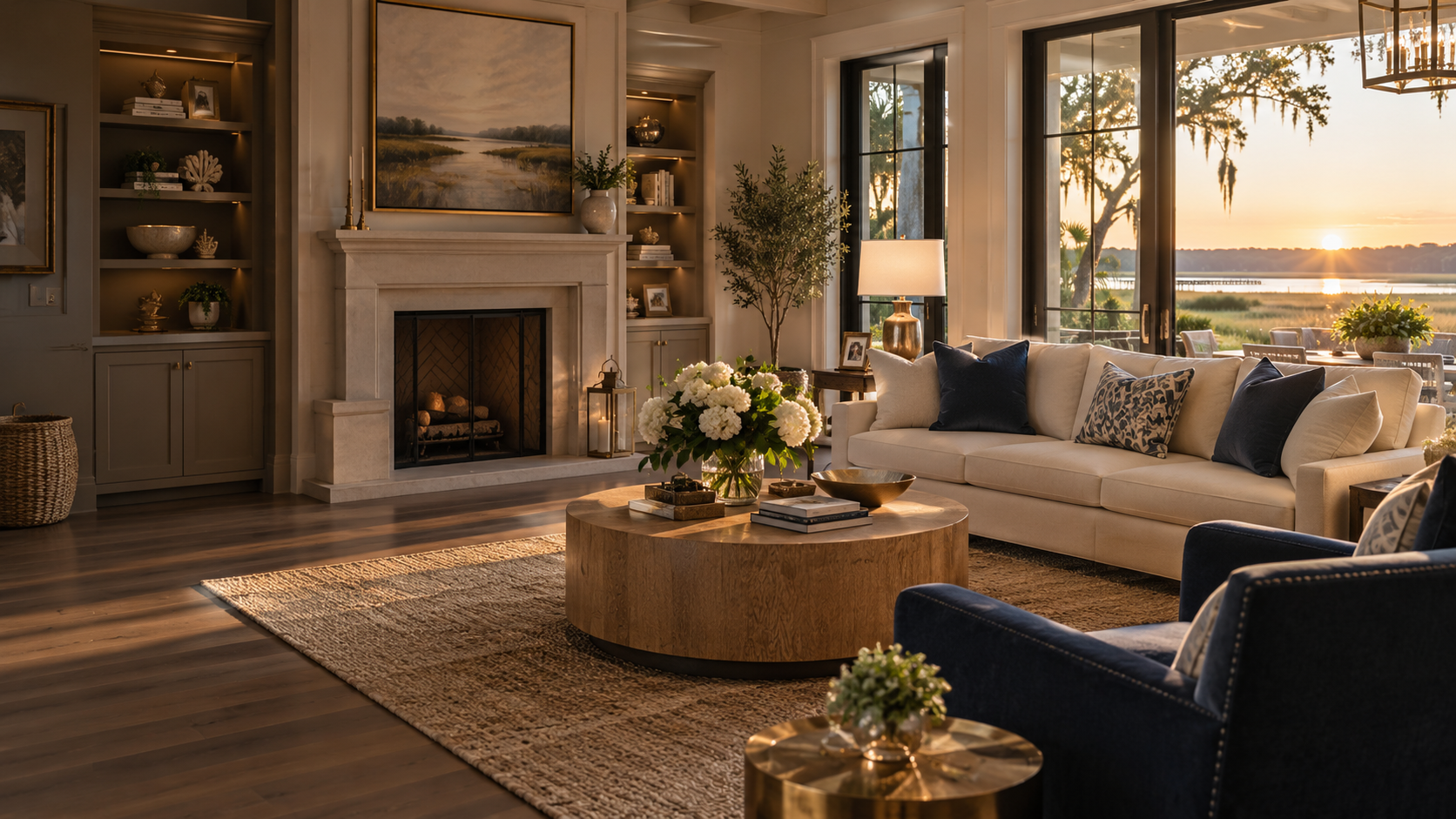 Elegant furnished residential living room with warm natural light
