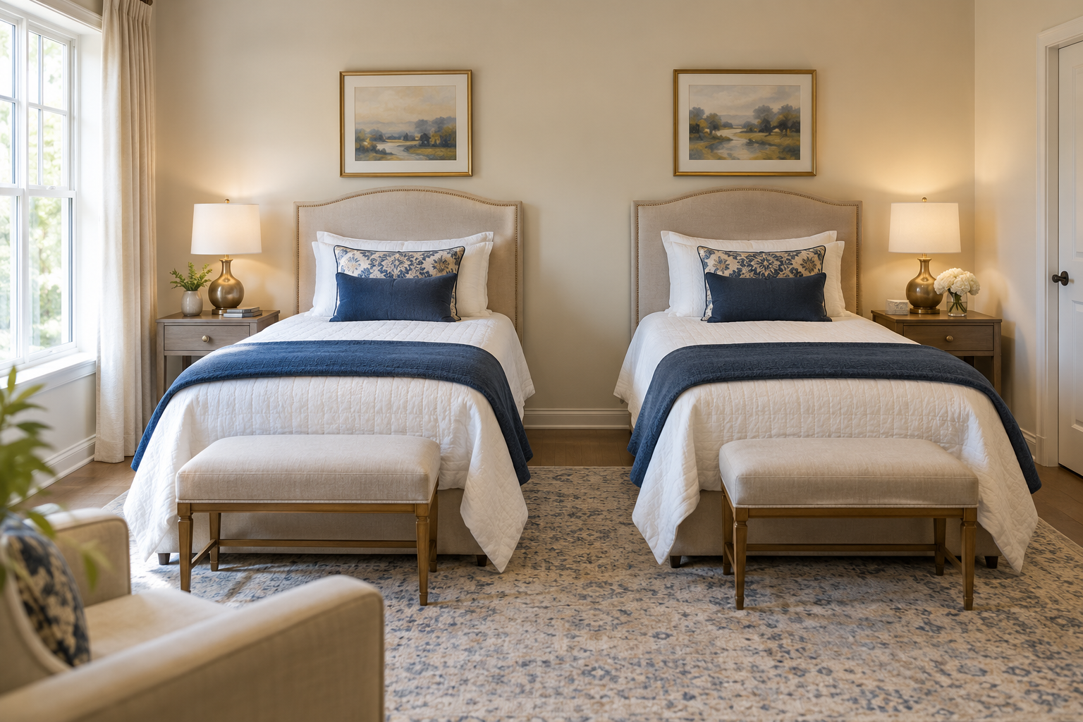 Furnished shared bedroom with two separate twin beds
